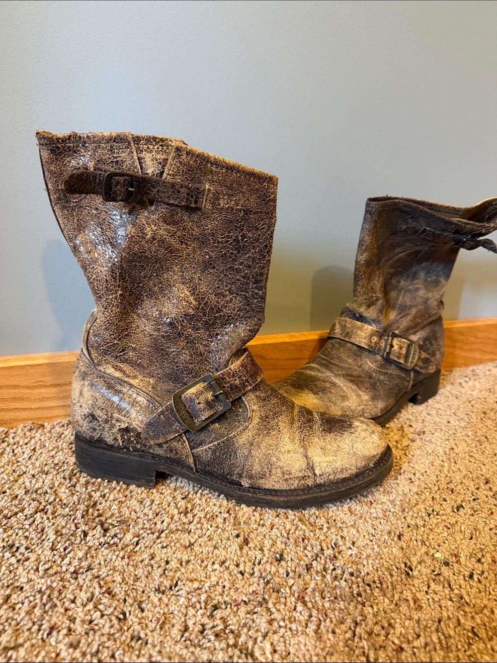 Frye Distressed Brown Leather Buckle Boot